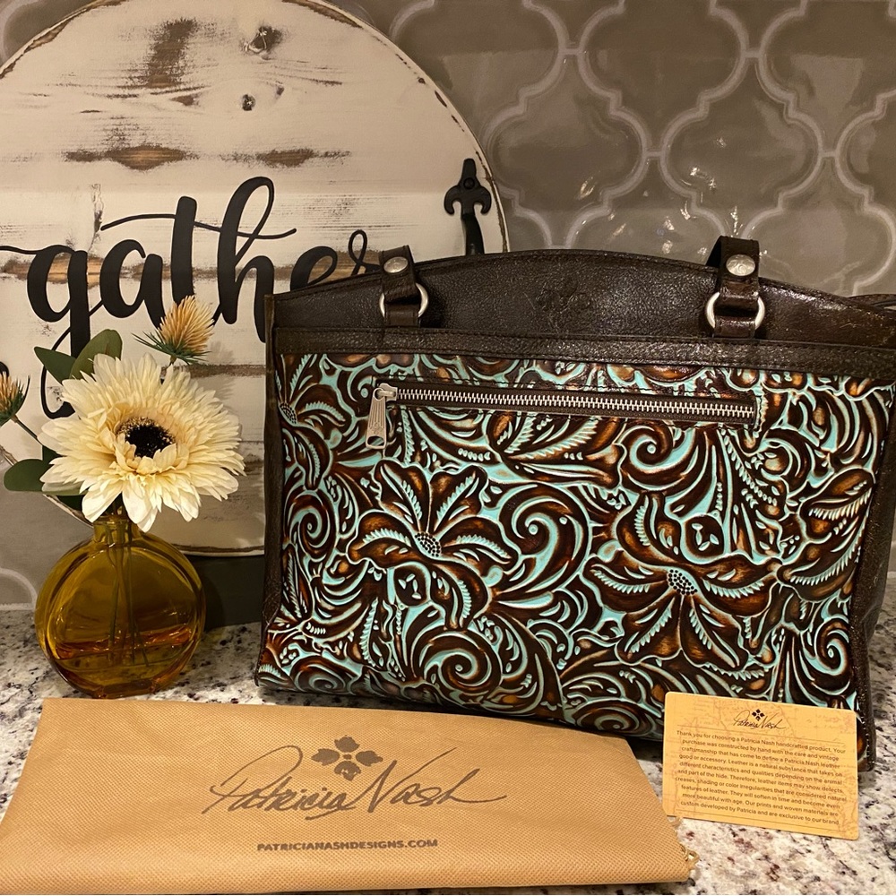 Patricia Nash Poppy Turquoise Tooled Leather Totebag